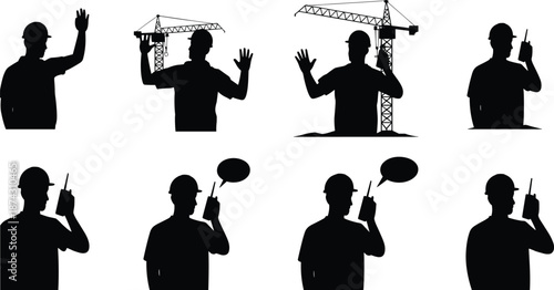 Construction worker silhouettes showing hand signals and radio communication, crane operation coordination, industrial safety teamwork on building site vector illustration