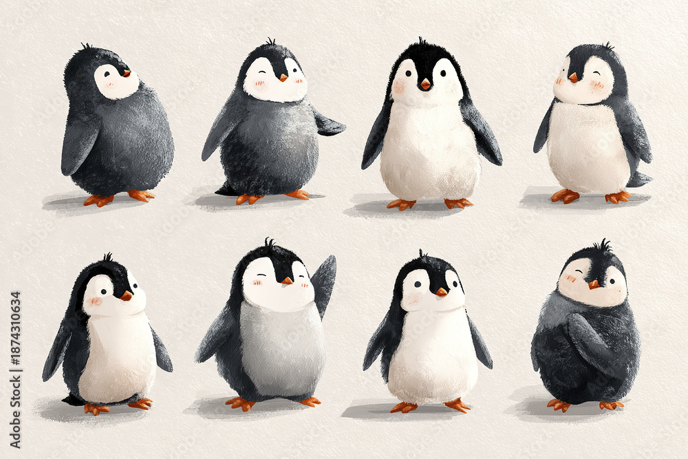 Obraz premium Cute penguin illustration set with playful poses and soft textures, showing adorable baby penguins expressing joy and curiosity in charming and heartwarming style