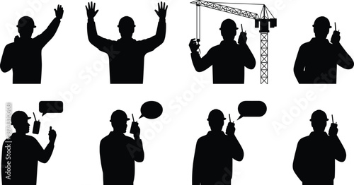 Construction worker silhouettes using radio communication signals, safety gestures and crane coordination, industrial site teamwork and communication concept vector illustration
