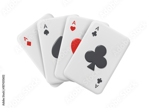 Playing cards with french suite. Vector in 3d style Ace of spades and hearts, diamonds and clubs. Successful game, loss in casino, chance to win, gambling business. Blackjack or poker gaming
