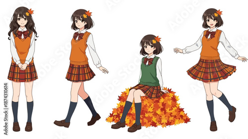 Cute schoolgirl in autumn outfit poses playfully with leaves