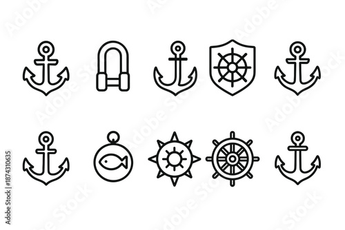 Nautical, maritime line icon set. Anchors, steering wheels in outline collection