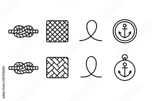 Nautical, marine line icon set. Anchors, knots, fishing marine icons in outline style