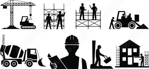 Construction workers and heavy equipment silhouette icon set illustration, building site activities, crane, scaffolding, machinery, house construction process, black vector design
