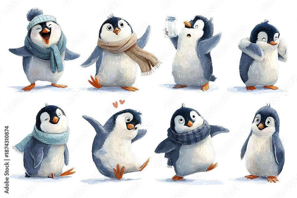 Obraz premium Cute playful penguin winter characters collection with scarves and hats showing various emotions and actions in joyful and charming style