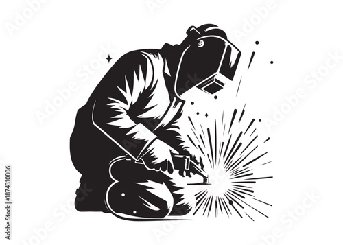 welding logo vector silhouette design, welder logo icon silhouette, vector silhouettes of workers welding metal, fabrication work vector silhouette logo design on white background