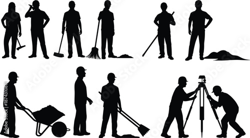 Construction workers silhouette collection, manual labor and engineering tasks, building tools usage, industrial workforce activities, black vector illustration isolated on white background