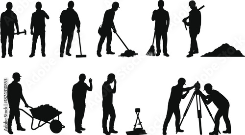 Construction workers silhouette set, laborer and engineer activities, building tools, industrial workforce teamwork concept, black vector illustration isolated on white background