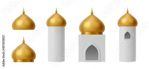 Golden mosque domes and minarets icons set. Vector isolated 3d Islamic symbols. Festive greetings and cultural education. Ramadan and Eid designs or general spiritual and cultural themes
