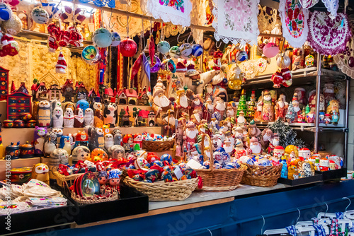 Market stall with variety of typical hungarian souvenirs inside the Great Market Hall or Central Market Hall in Budapest, Hungary