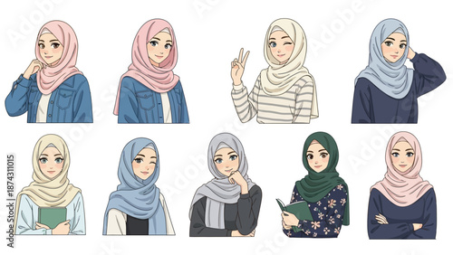 Diverse group of women wearing hijabs in various poses and outfits