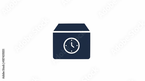 Dark blue clock on box.
