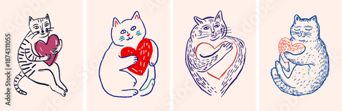Abstract hand drawn cat doodle holding a red love heart for valentine day whimsical pet illustration