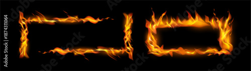 Frames with burning fire and tongues of flame. Vector realistic isolates set of borders or lines with blaze and sparks, ignition flashes. Rectangular shape with copy space, typography design