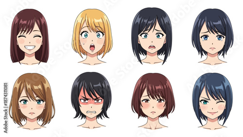 Anime style female faces with various expressions and hairstyles