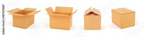 Shipment and delivery of cardboard boxes and packages. Vector in realistic style, isolated set of empty mockup parcels, closed and open. Container for goods, distribution of shop or store orders