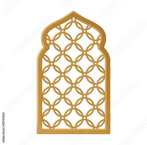 Gold traditional islamic window shape. Vector 3d style arabic golden frames, mosque arches isolated. Muslim architecture design elements, moroccan borders or gates. Ramadan kareem doors