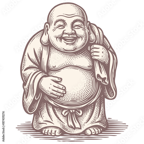 A smiling Laughing Buddha (Budai) in a vintage, hand-drawn engraving style. A vector illustration symbolizing joy, wealth, and good fortune.