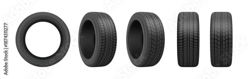 Auto wheel protector, isolated set of rubber car wheels for automobiles. Vector realistic collection of quality rings for vehicles. Replacement and maintenance of trucks or sportive vehicles