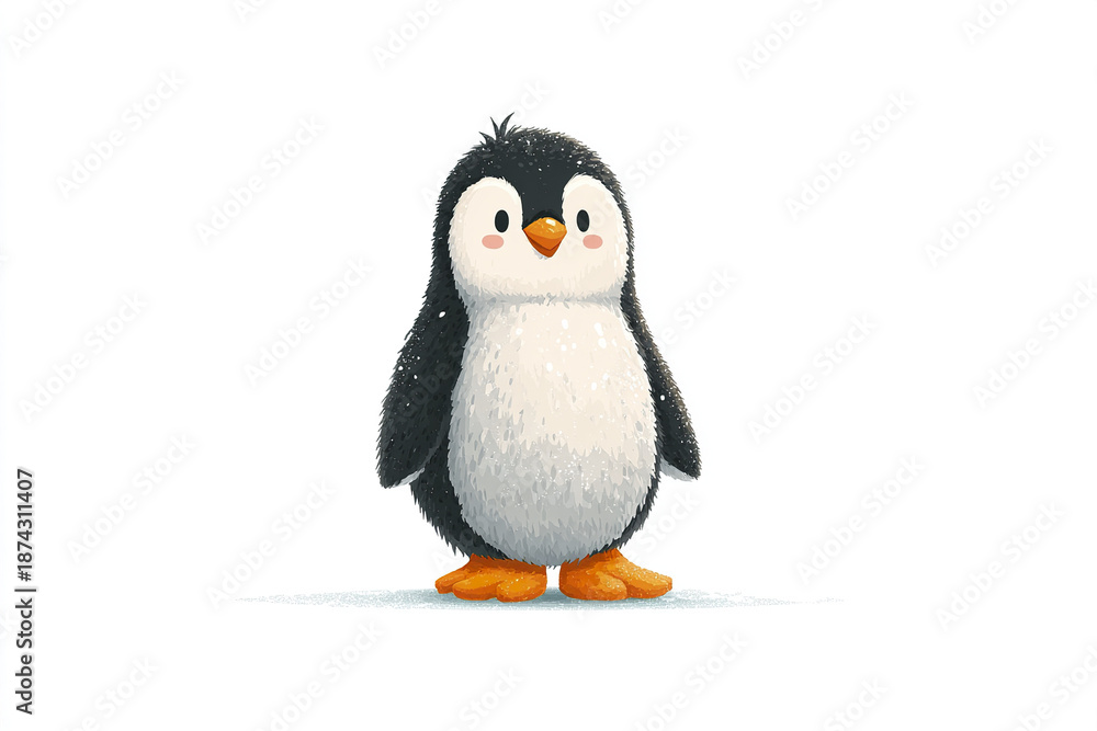 Fototapeta premium Cute penguin cartoon character standing front view with fluffy black and white feathers and orange beak and feet, adorable and friendly expression on white background