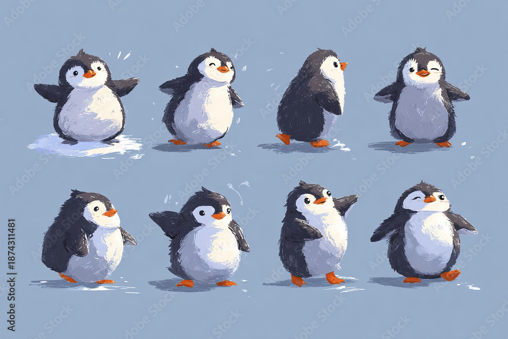 Obraz premium Cute penguin cartoon illustration collection with simple and modern style, showing various playful poses and expressions on blue background, evoking joyful and lively emotions