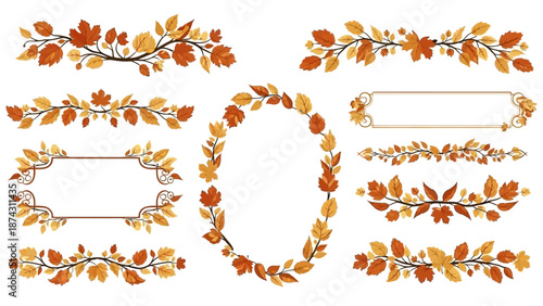A collection of autumn leaves and floral wreaths on a white background