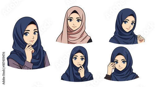 A diverse set of cartoon women wearing hijabs in various poses