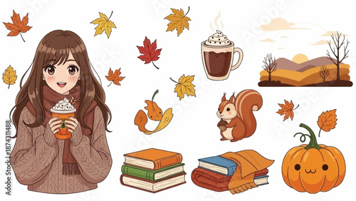 A cartoon woman enjoying a cup of coffee in a fall setting