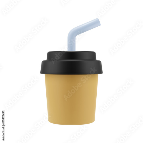 Coffee to go, isolated paper cup with straw and lid. Vector in 3d style, americano drink or cappuccino, mug with copy space for restaurant or cafe shop logo. Container cup for tea beverage