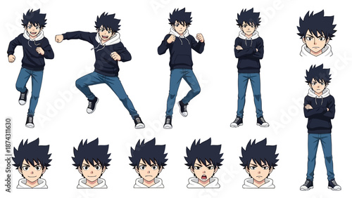 A set of cartoon character poses and facial expressions in various dynamic stances
