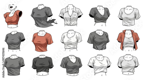 A collection of various t-shirts and shirts on mannequin torsos