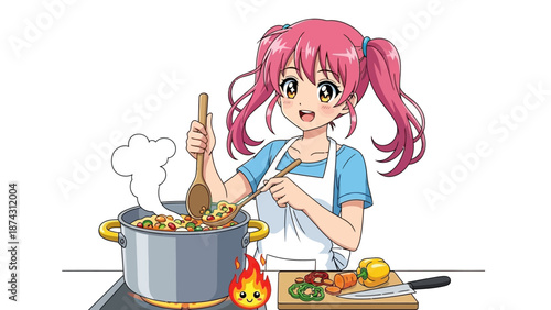 A cartoon girl cooking with a large pot and a cutting board