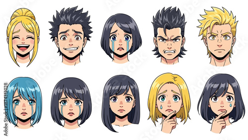 A diverse group of cartoon characters with various emotions on their faces