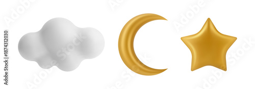 Ramadan themes icons in 3d style. Vector isolated crescent moon, star and clouds. Festive web graphics and religious holiday materials, mobile applications and cards, banners and educational designs