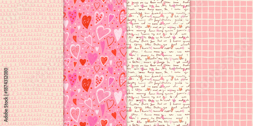 Hand painted romantic Valentine's Day vector seamless patterns with hearts, handwritten text, loops and grid for backgrounds and banners