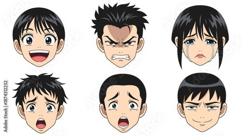 A set of cartoon character faces with various emotional expressions