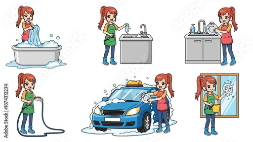 A cartoon woman is shown cleaning various objects and surfaces with soap and water