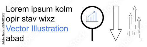 Business strategy, data visualization, market research, growth analysis, decision-making, trend monitoring. Magnifying glass focuses on a graph, arrows rising and falling trends. Market research