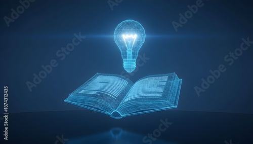 An open book with a glowing lightbulb above it on a dark surface viewed from a slight angle