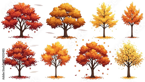 A vibrant illustration of trees with colorful autumn leaves on a white background