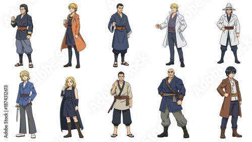 A group of diverse anime characters in various costumes and poses