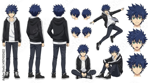 A character sheet of an anime boy in various poses and expressions