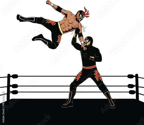 Two Lucha Libre Wrestlers Fighting in Ring, Professional Wrestling Vector Illustration