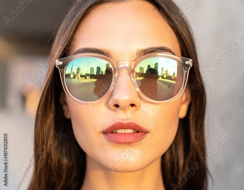Elegant Vision: A close-up shot of a sophisticated woman with fashionable sunglasses, reflecting the vibrant city skyline, embodies the essence of urban chic and stylish confidence.