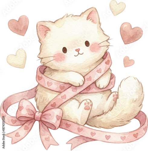 Watercolor Cute Kitten Wrapped in Heart Ribbon Decoration Illustration