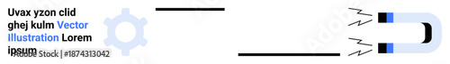 Branding, mechanics, attraction, technology, engineering, magnetism. Magnet pulling objects with a gear symbol in the design. Branding and mechanics with attraction