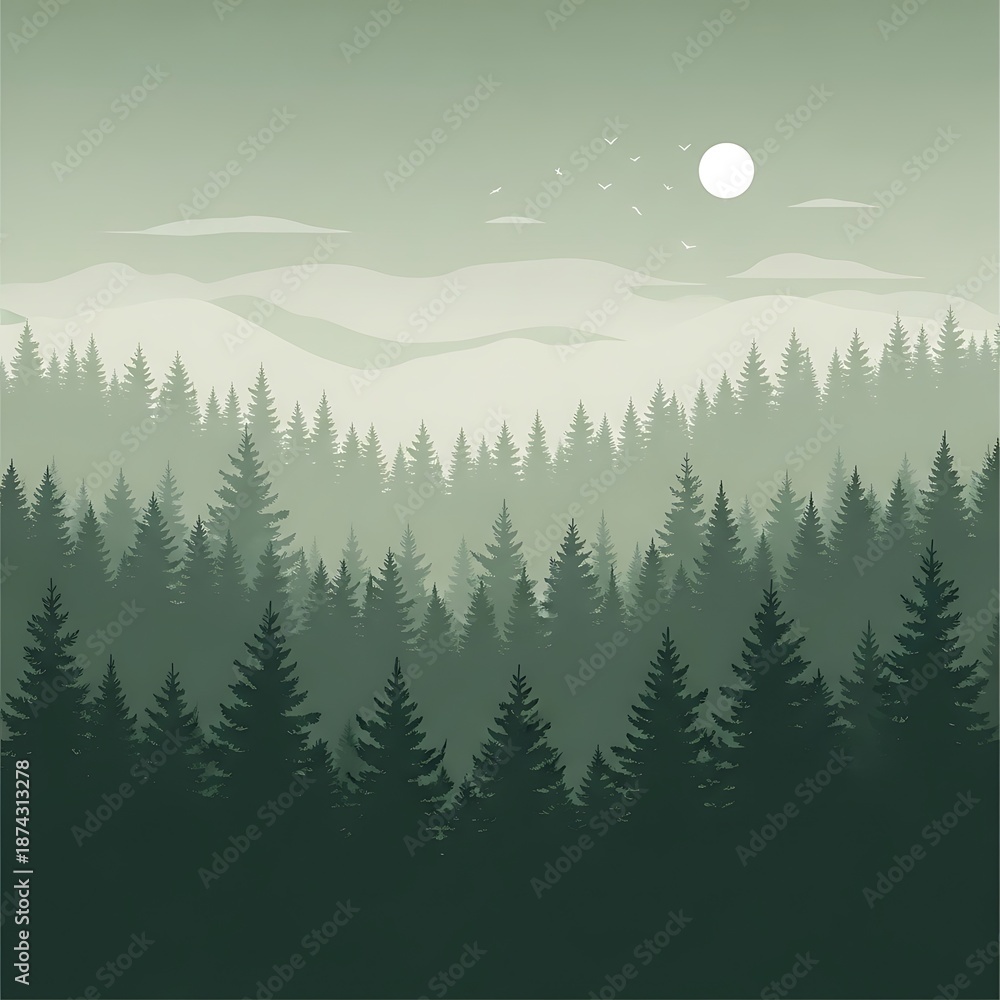 Fototapeta premium Serene evergreen forest landscape at dusk with distant hazy mountains and a glowing moon
