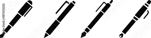 Pen and Fountain Pen Vector Icon Set, Writing Instrument Silhouette Collection