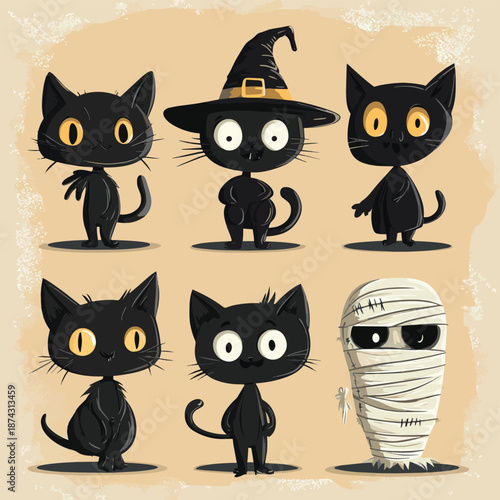 Adorable Halloween Characters Vector Set with a Top Hat Cat, Zombie, Mummy, Scarecrow, and Mummy, vector style simple color