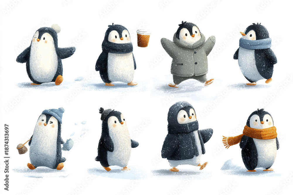 Obraz premium Cute winter penguin characters wearing scarves and hats enjoying snowy activities with warm drinks and playful expressions in soft textured illustration style